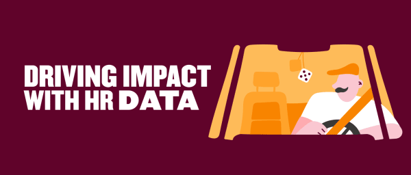 driving impact with HR data illustration, colorful car interior with a driver holding the steering wheel and dice hanging